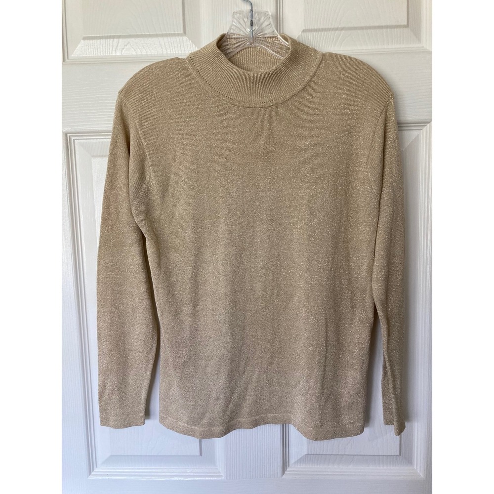 Anna Gray Women's Gold Silk Blend Metallic Mock Neck Sweater Medium Festive